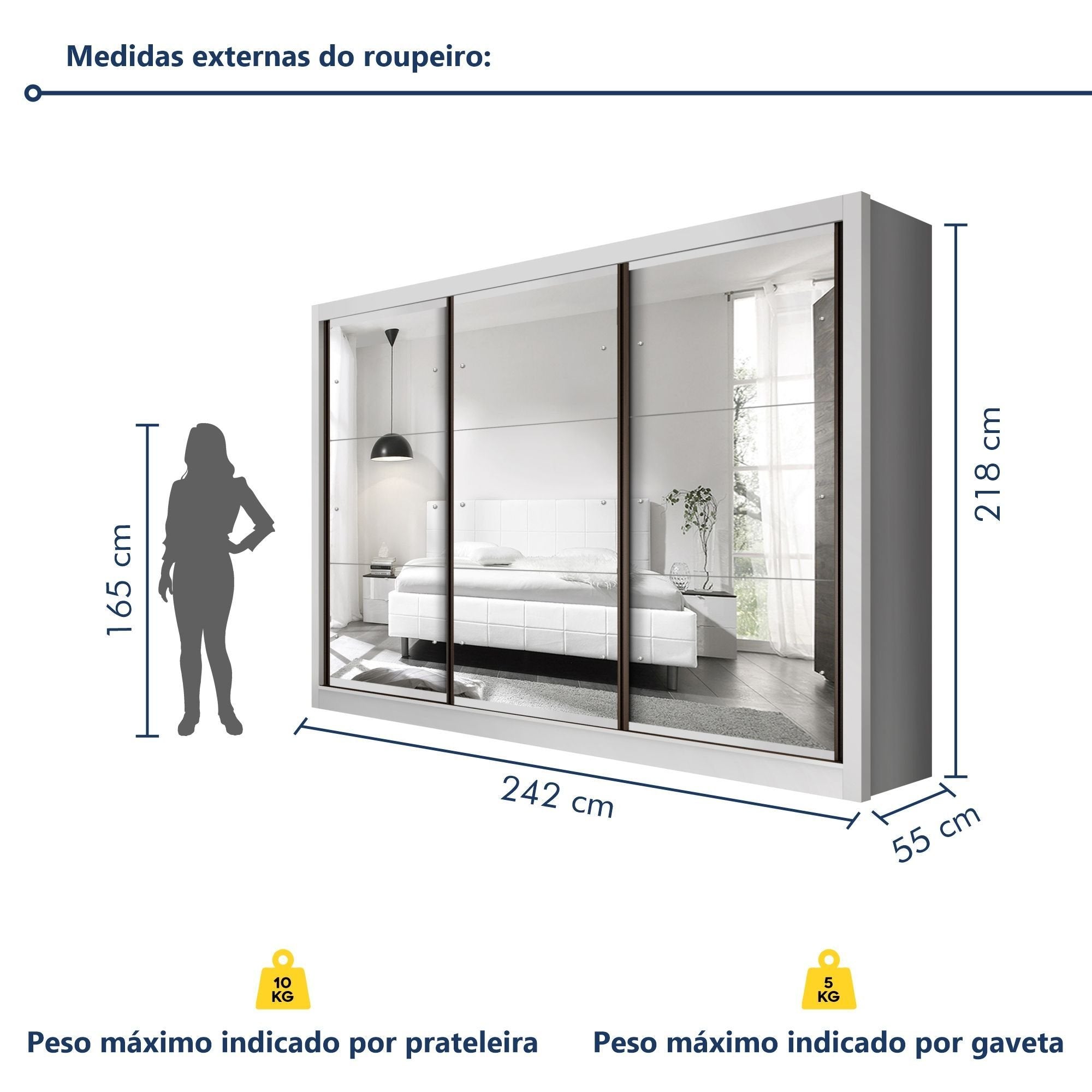 Guarda-Roupa Casal 3 Portas 6 Gavetas com Espelho Premium Lux Yescasa MDP Branco 242cm