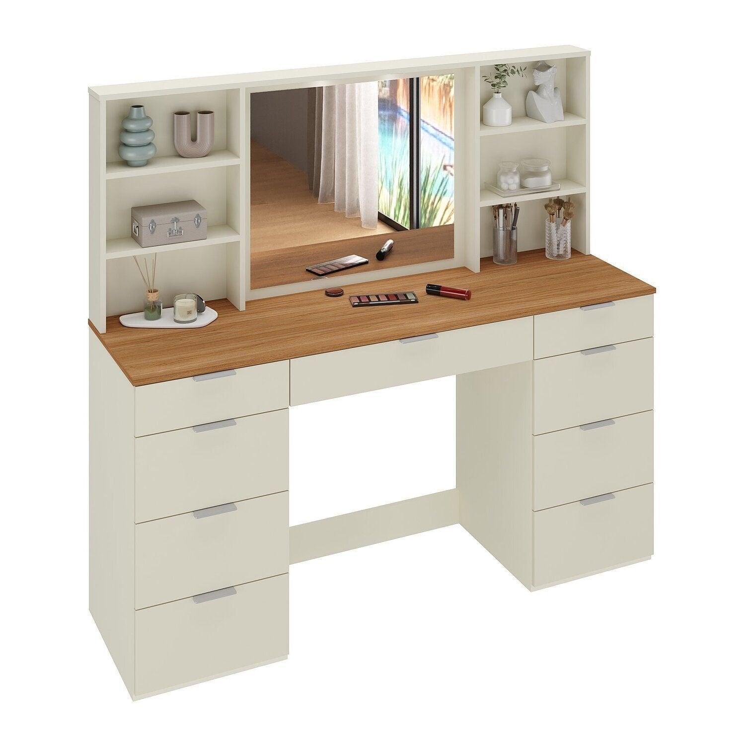 Penteadeira MDF 9 Gavetas com Espelho e LED Foscarini 8402 Bege/Argila/Carvalho Hanover