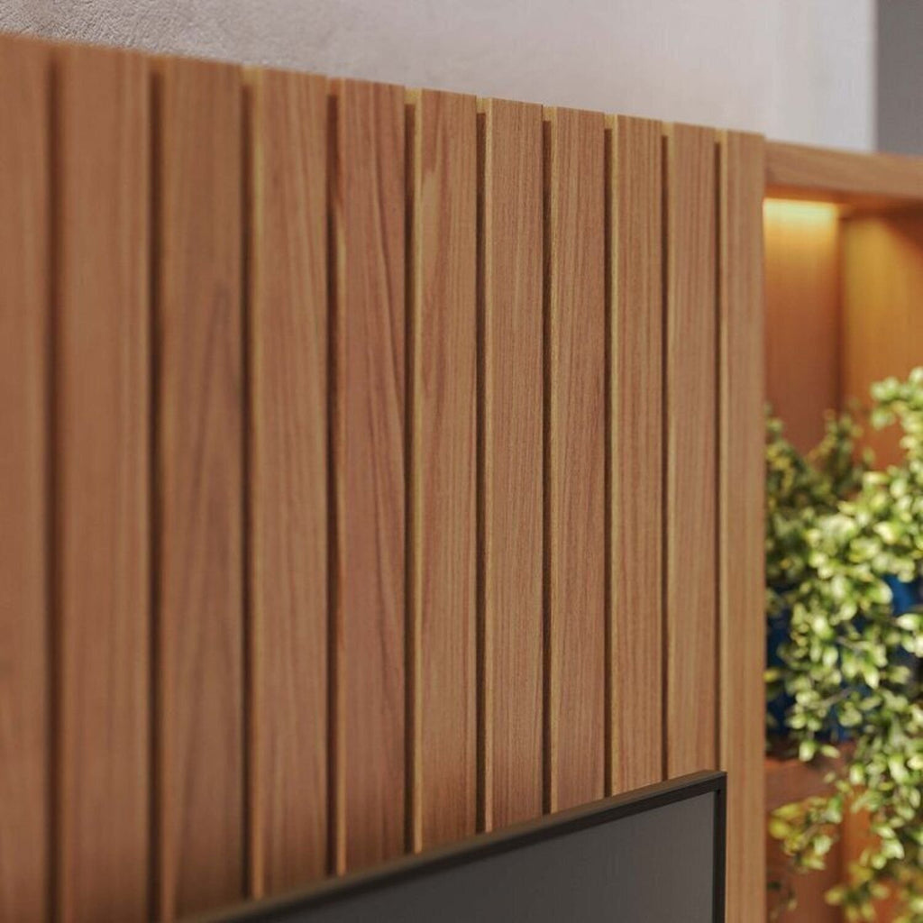Conjunto Sala de Estar Home Theater Ripado para TV até 82 Polegadas 240cm com LED Cristaleira e Buffet 4 Portas Colibri Marrom Freijó/Off White Matte