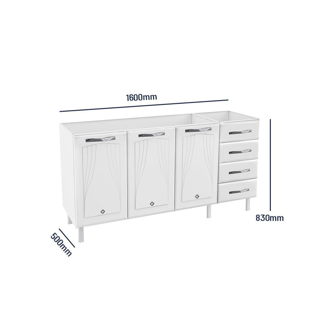 Balcão de Cozinha em Aço 3 Portas 4 Gavetas 160cm sem Tampo Star New Telasul Branco