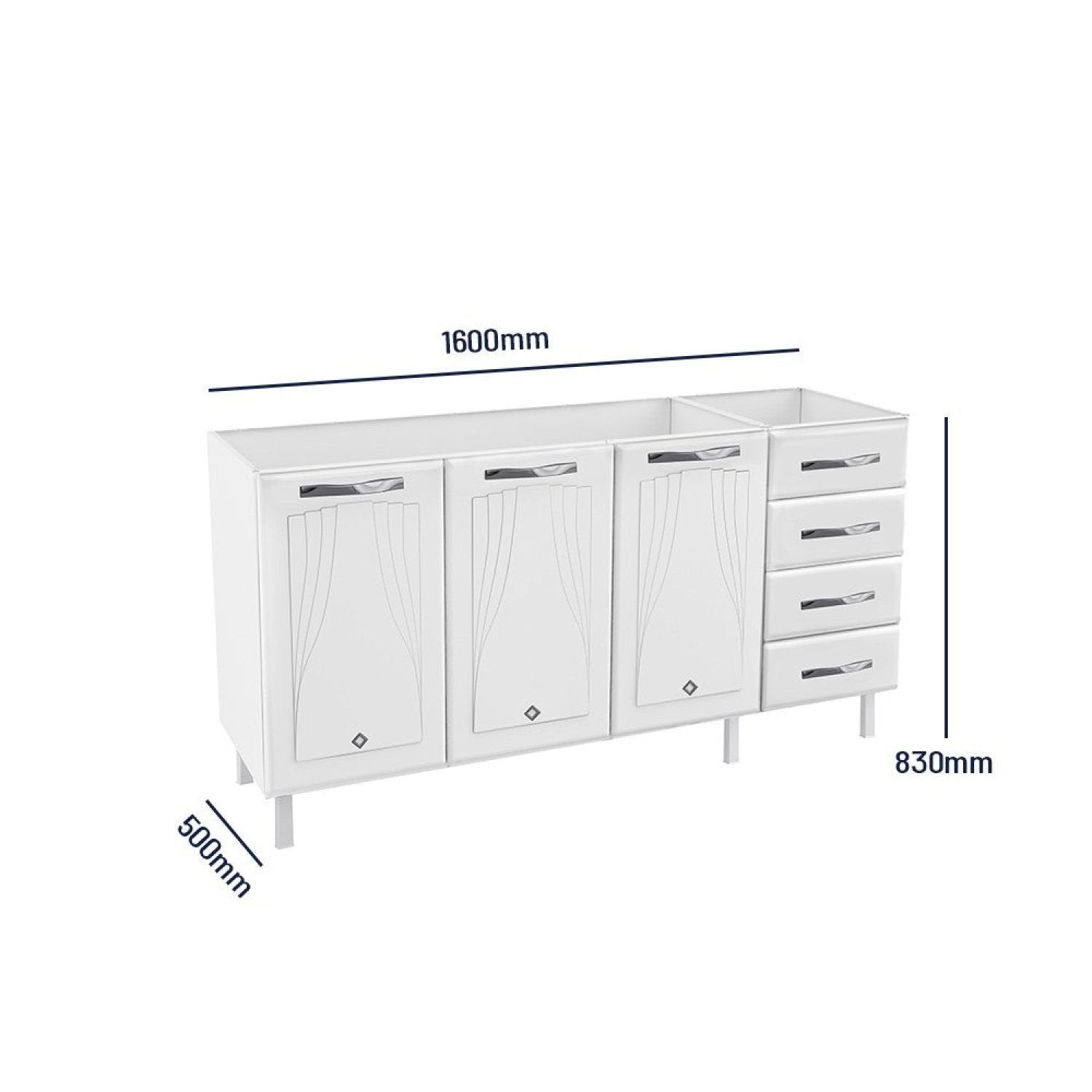 Balcão de Cozinha em Aço 3 Portas 4 Gavetas 160cm sem Tampo Star New Telasul Branco