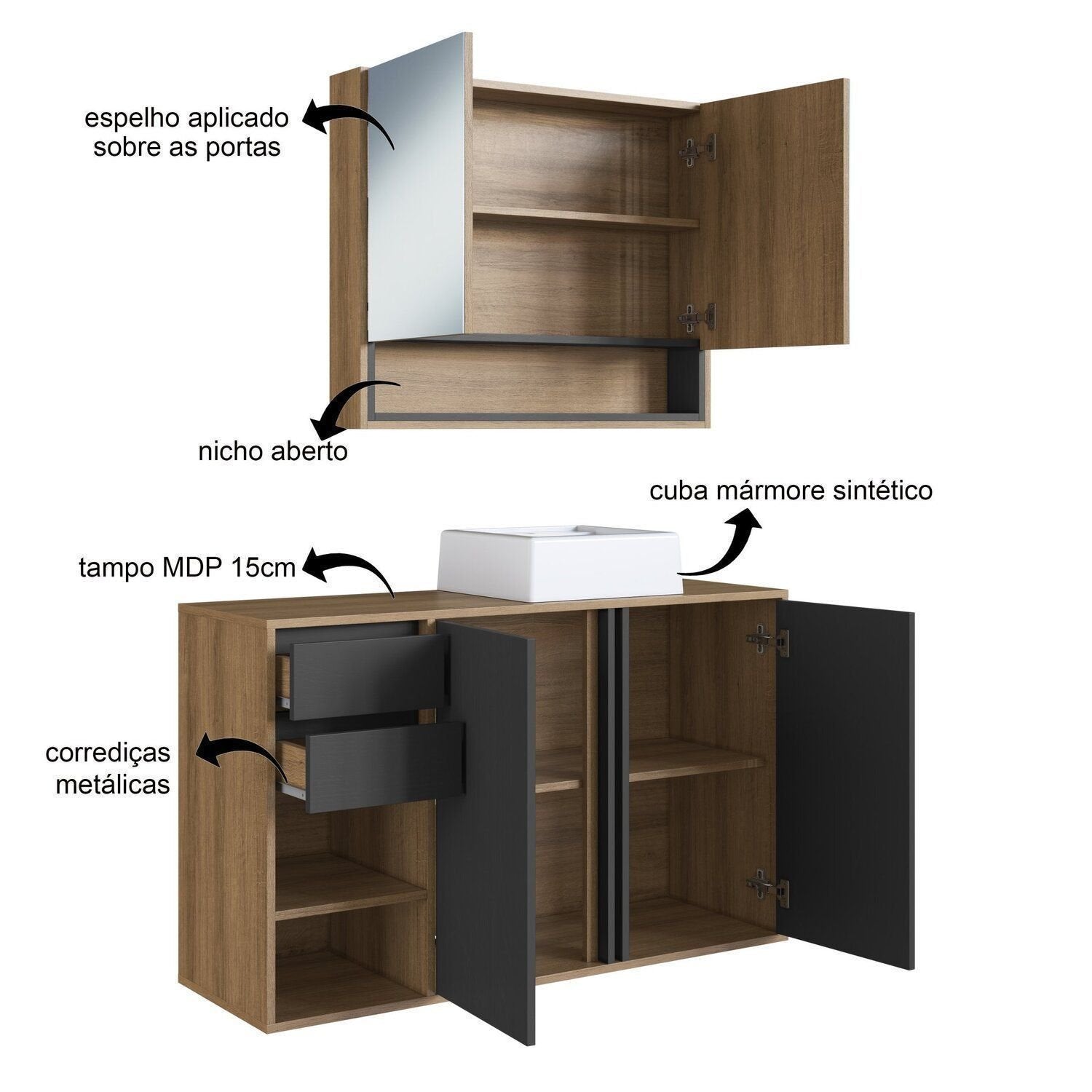 Conjunto para Banheiro Gabinete Suspenso com Cuba e Espelheira Antônia FAEMA 110cm Preto/Mel/Grafite