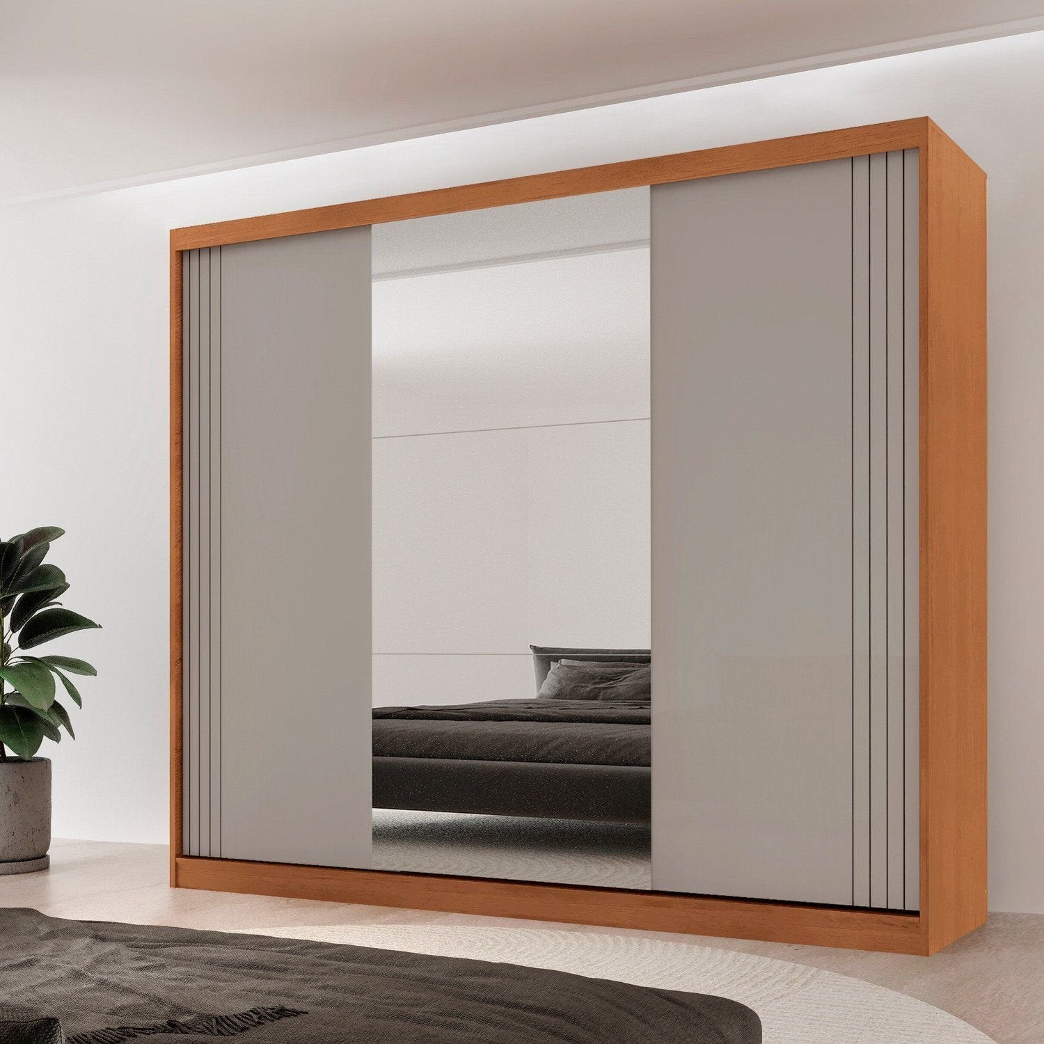 Guarda-Roupa Casal 100% MDF 3 Portas de Correr 4 Gavetas 6 Prateleiras com Espelho Chile Rufato Off White/Marrom