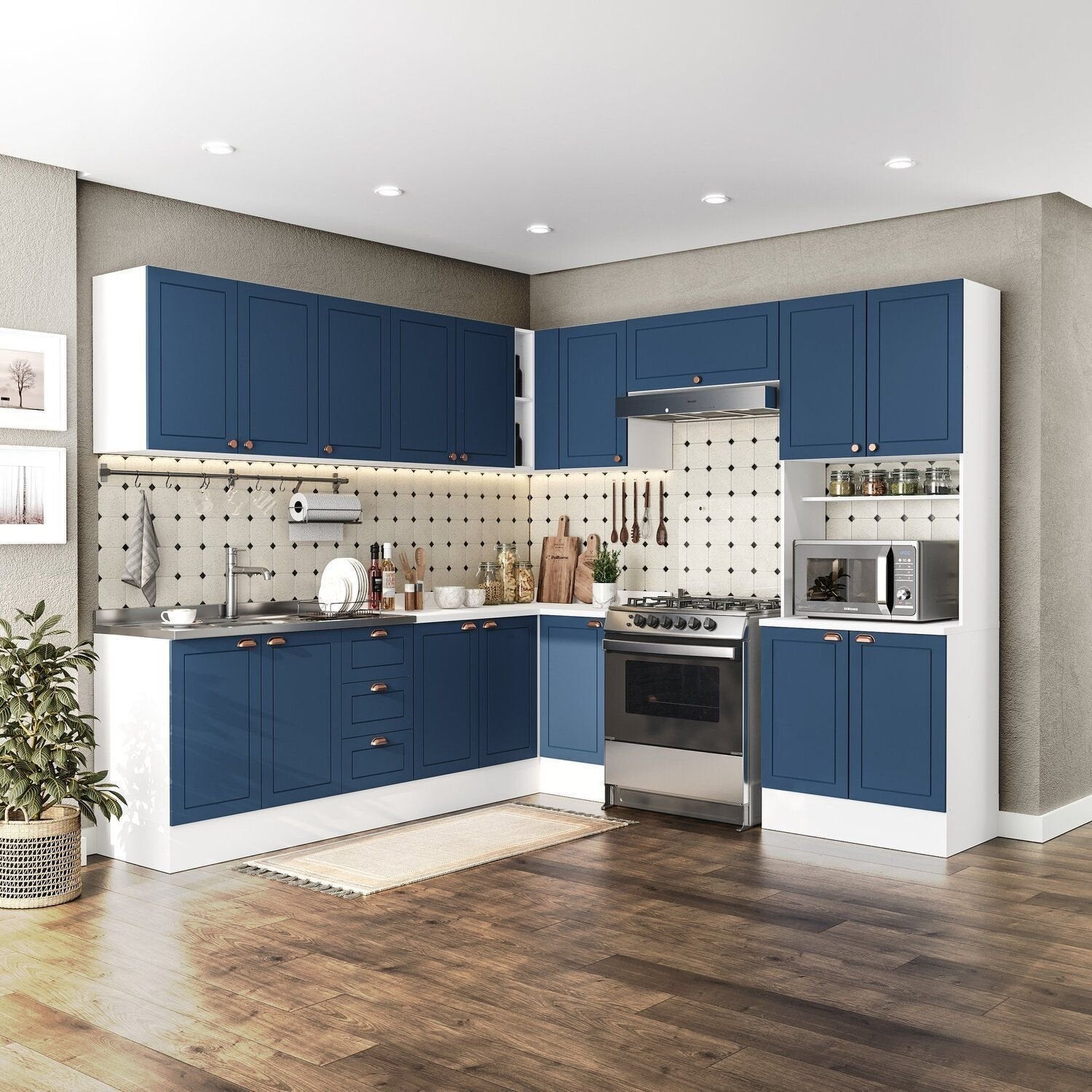 Cozinha Completa Modulada Pérola Yescasa 9 Peças Torre Quente Aéreo Balcão Basculante Canto Rodapé Branco/Azul