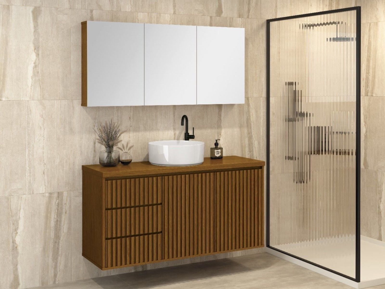Espelheira para Banheiro Astral Design Intenso 3 Espelhos 120cm Freijó Suspensa MDF