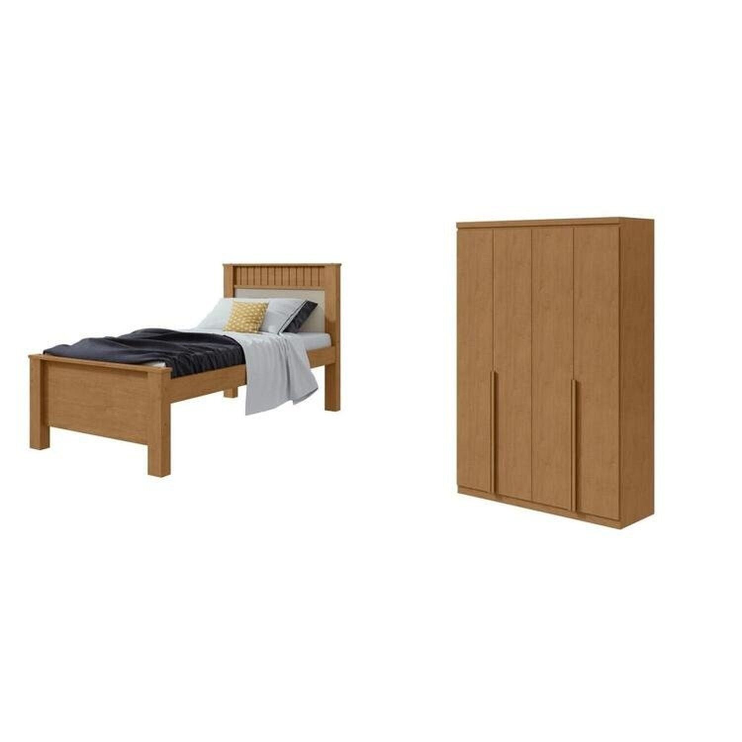 Kit Quarto Infantil com Guarda-Roupa 4 Portas e Cama de Solteiro Marrom Amêndoa Clean Móveis Lopas