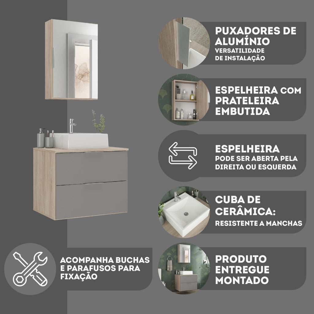 Conjunto para Banheiro Gabinete com Cuba e Espelheira Rubi 60 Móveis Joia 60cm Madeirado/Cinza