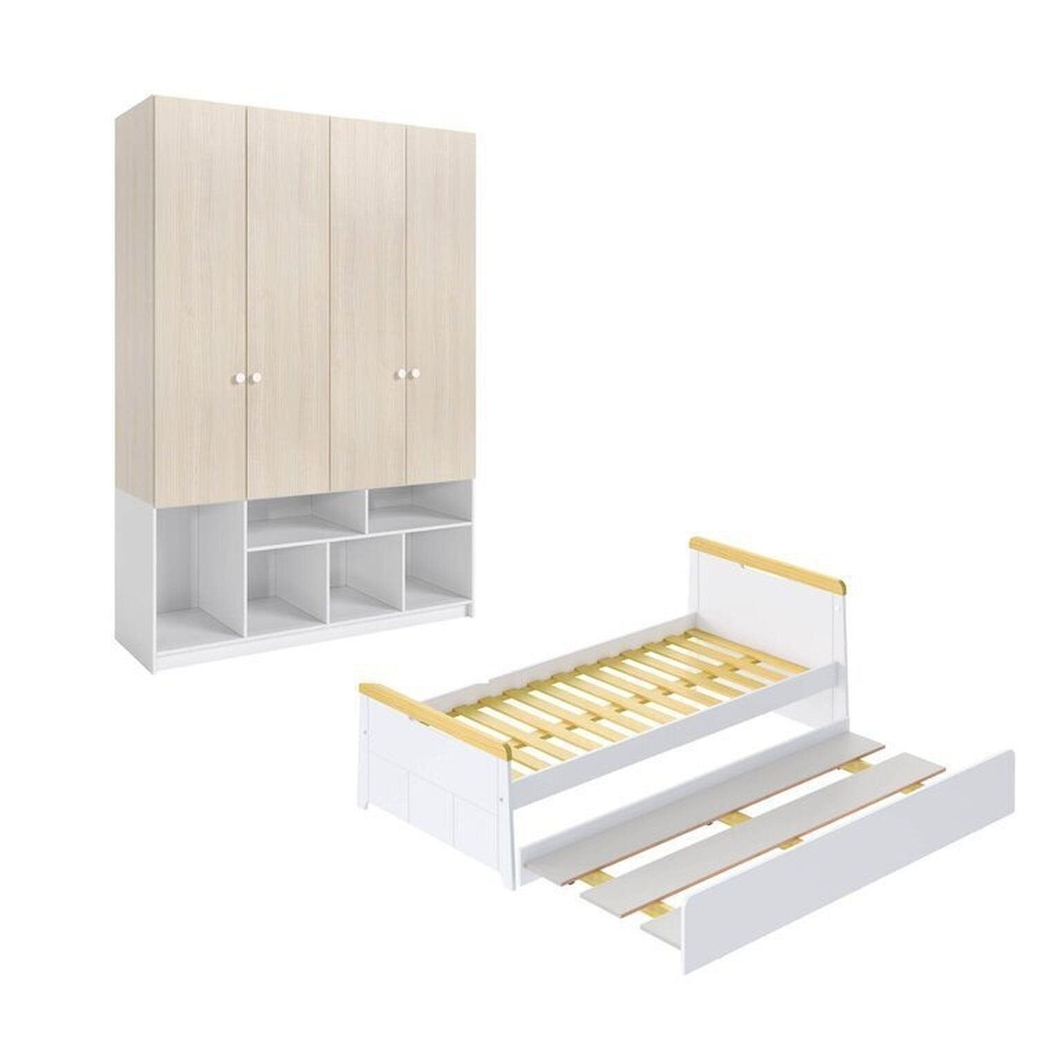 Quarto Completo com Guarda-Roupa Curió e Bicama Petit Casatema MadeiraOriginals Branco/Mel