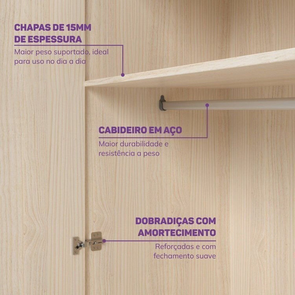 Conjunto com Cama Solteiro Giulia Rattan e Guarda Roupa Curió Casatema MadeiraOriginals Branco/Marrom