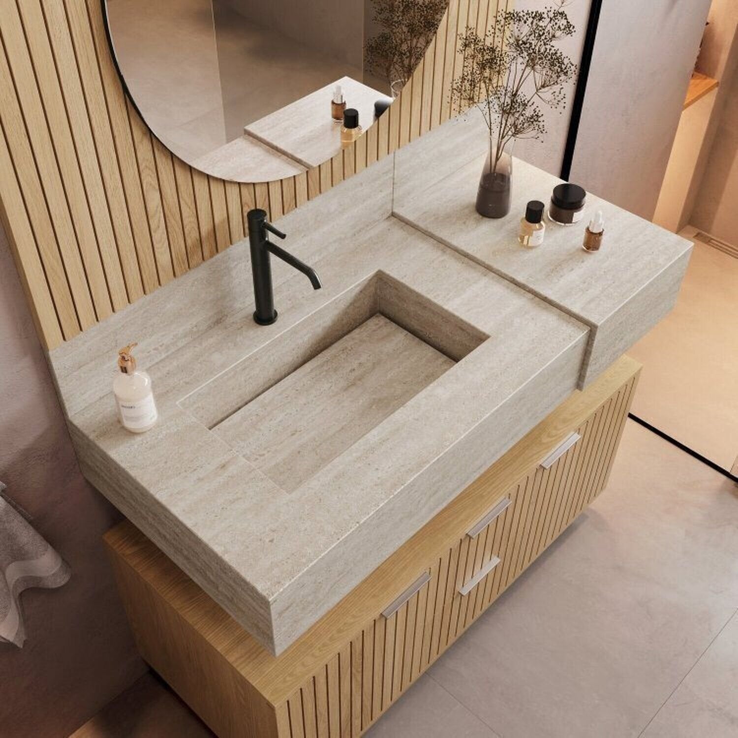 Conjunto para Banheiro Bancada Porcelanato Cuba Esculpida Armário Espelho Ripy Bumi 100cm Amarelo/Wood