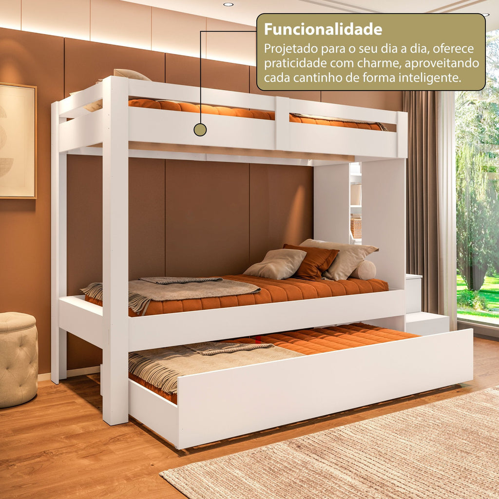 Beliche Adulto com Cama Auxiliar e Escada Multifuncional Moon Yescasa Branco
