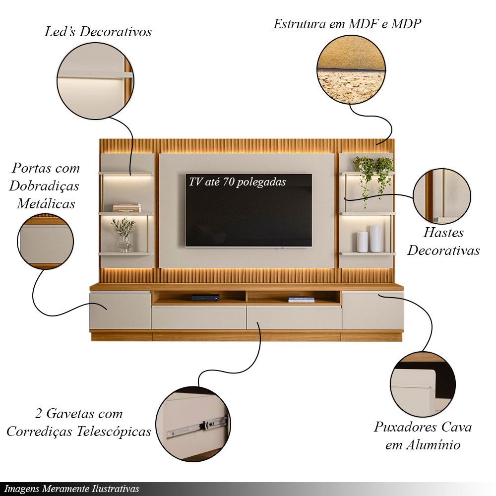 Painel e Bancada Rack Sala de Estar 297cm Madalena Modulado Led Ripado TV até 70 Polegadas Tauari/Off White Gran Belo