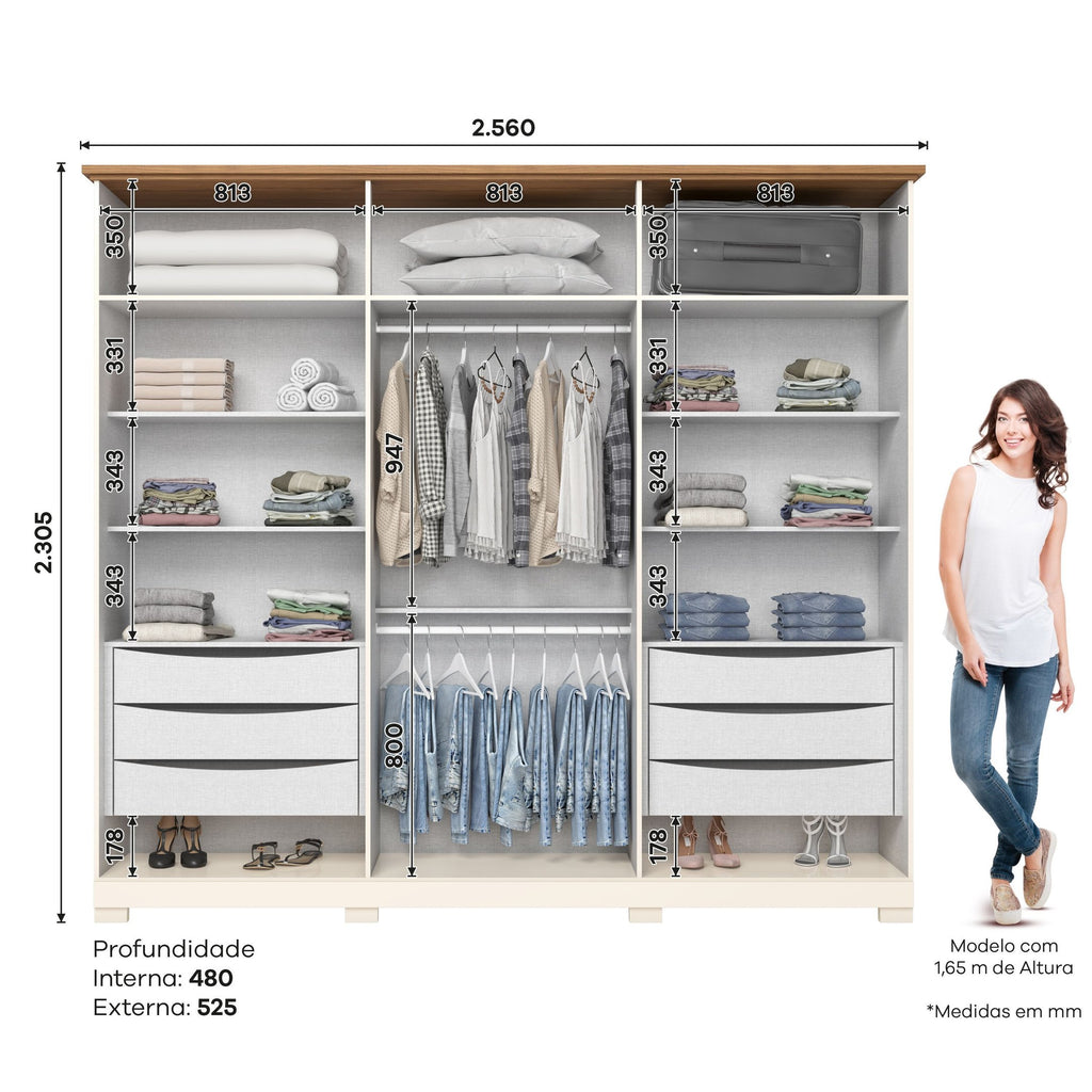 Guarda-Roupa Casal 6 Portas 6 Gavetas Napoli Henn 100% MDP Bege/Off White/Nature