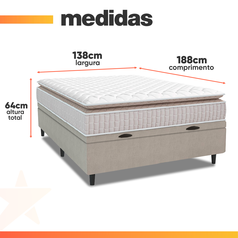 Cama Box Baú Colchão Casal Molas Ensacadas City Pillow Top Hellen 138x188x64cm
