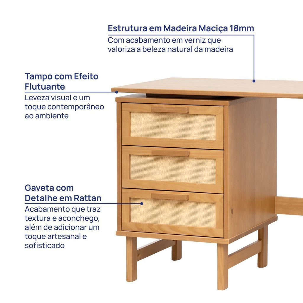 Escrivaninha em L Madeira Maciça 3 Gavetas Rattan e Portas Ripadas Magna CabeCasa MadeiraMadeira
