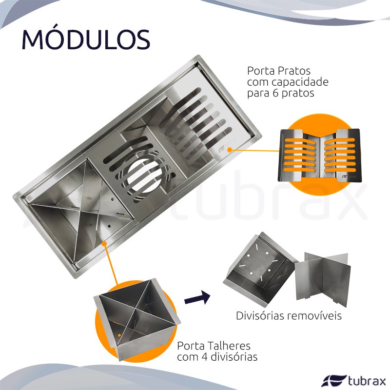 Canal Organizador Gourmet Úmido Escorredor 37,5 cm Aço Inox 304 2 Módulos Tubrax UAC0005-N