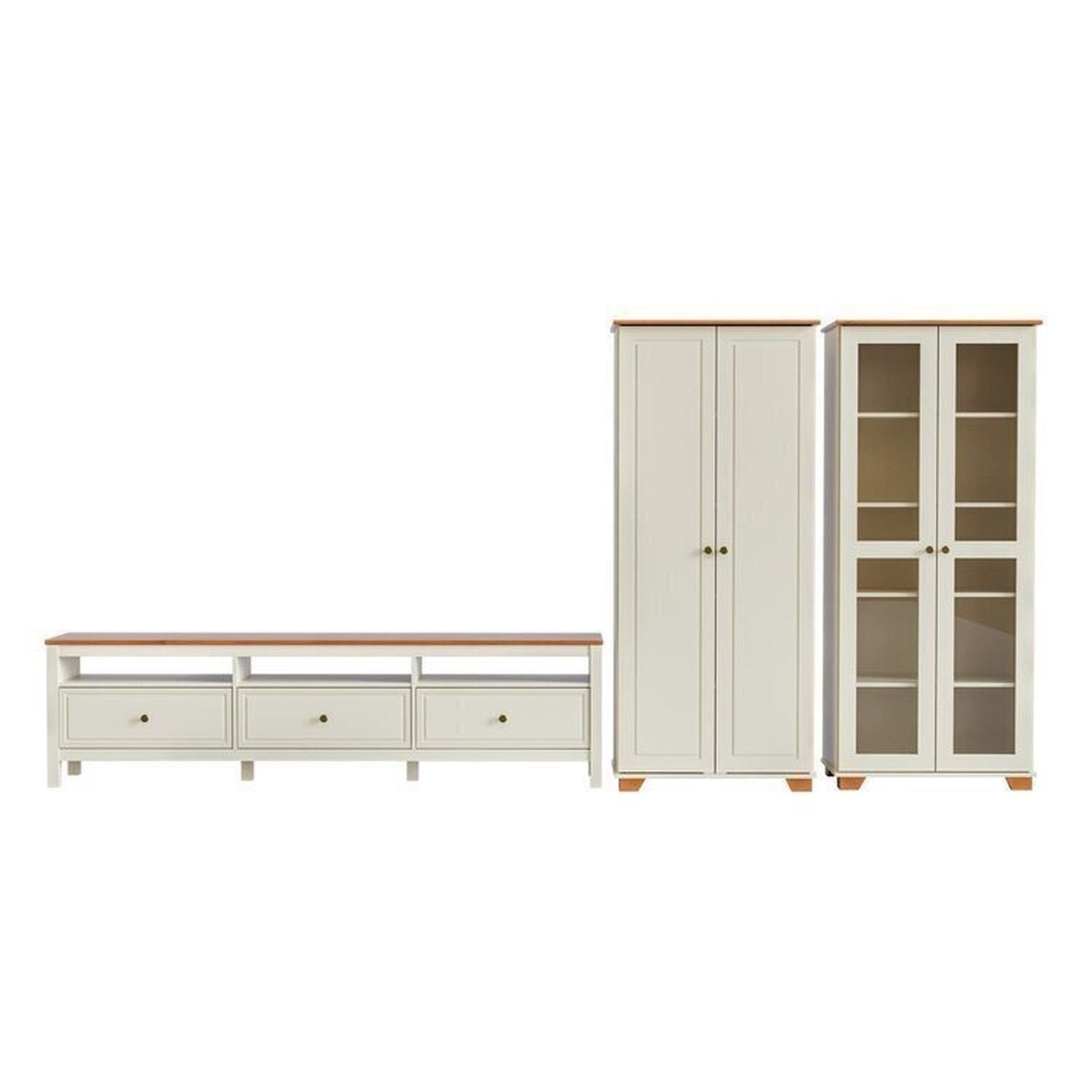 Conjunto Sala de Estar 3 Peças com Rack, Armário e Estante Ananda CabeCasa MadeiraOriginals Branco Off White/Mel