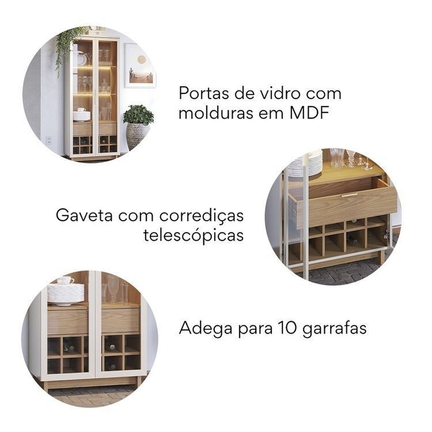 Conjunto Sala de Estar Home Theater Ripado para TV até 82 Polegadas 240cm com LED Cristaleira e Buffet 4 Portas Colibri Marrom Freijó/Off White Matte