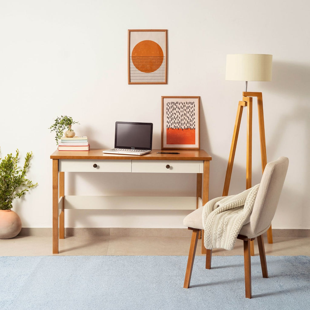 Escrivaninha Mesa Escritório Ananda 2 Gavetas 120cm MDF CabeCasa MadeiraOriginals Off-White e Mel Marrom