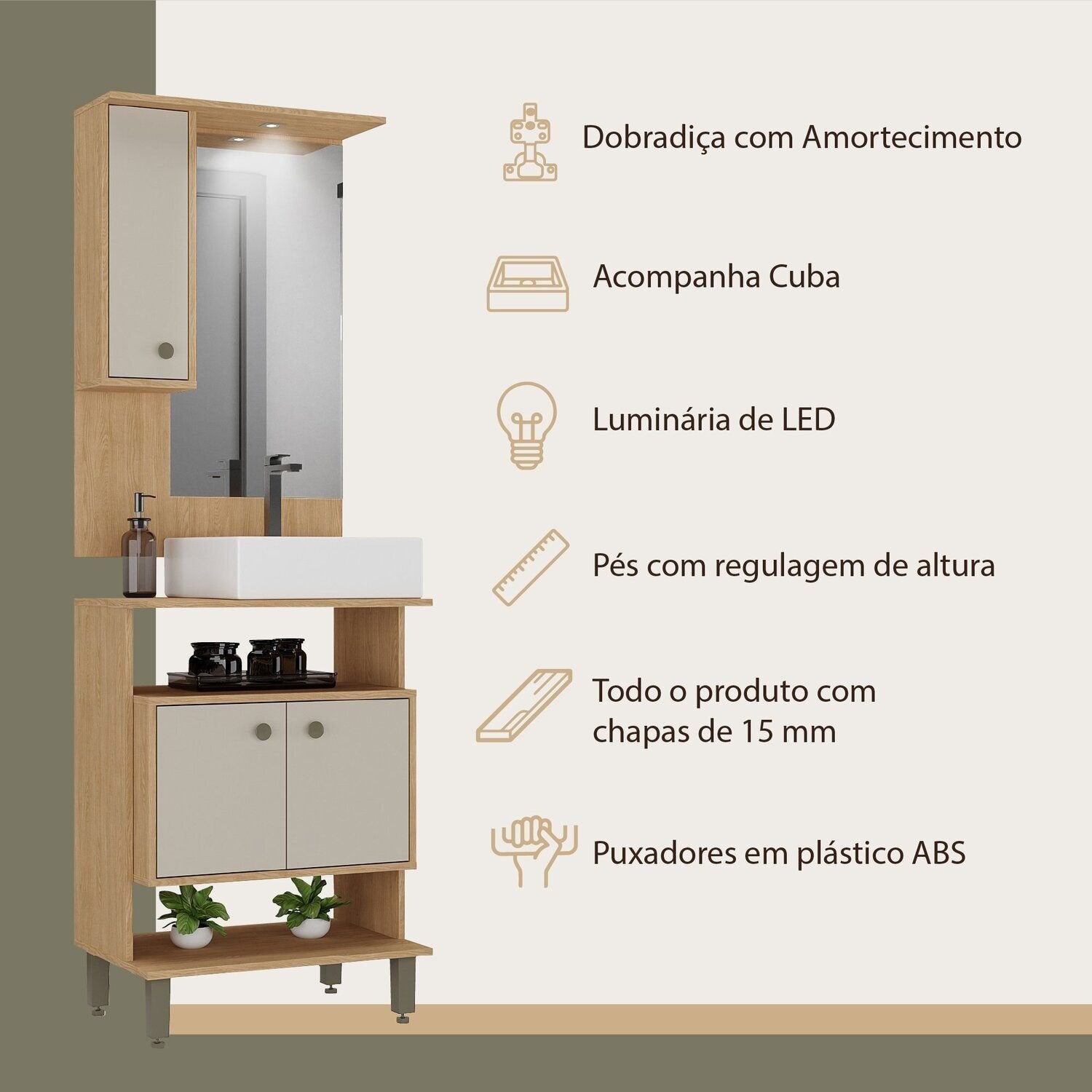 Conjunto para Banheiro Gabinete Suspenso com Cuba e Espelheira Berlin Ozini 60cm Marrom/Carvalho/Arenas