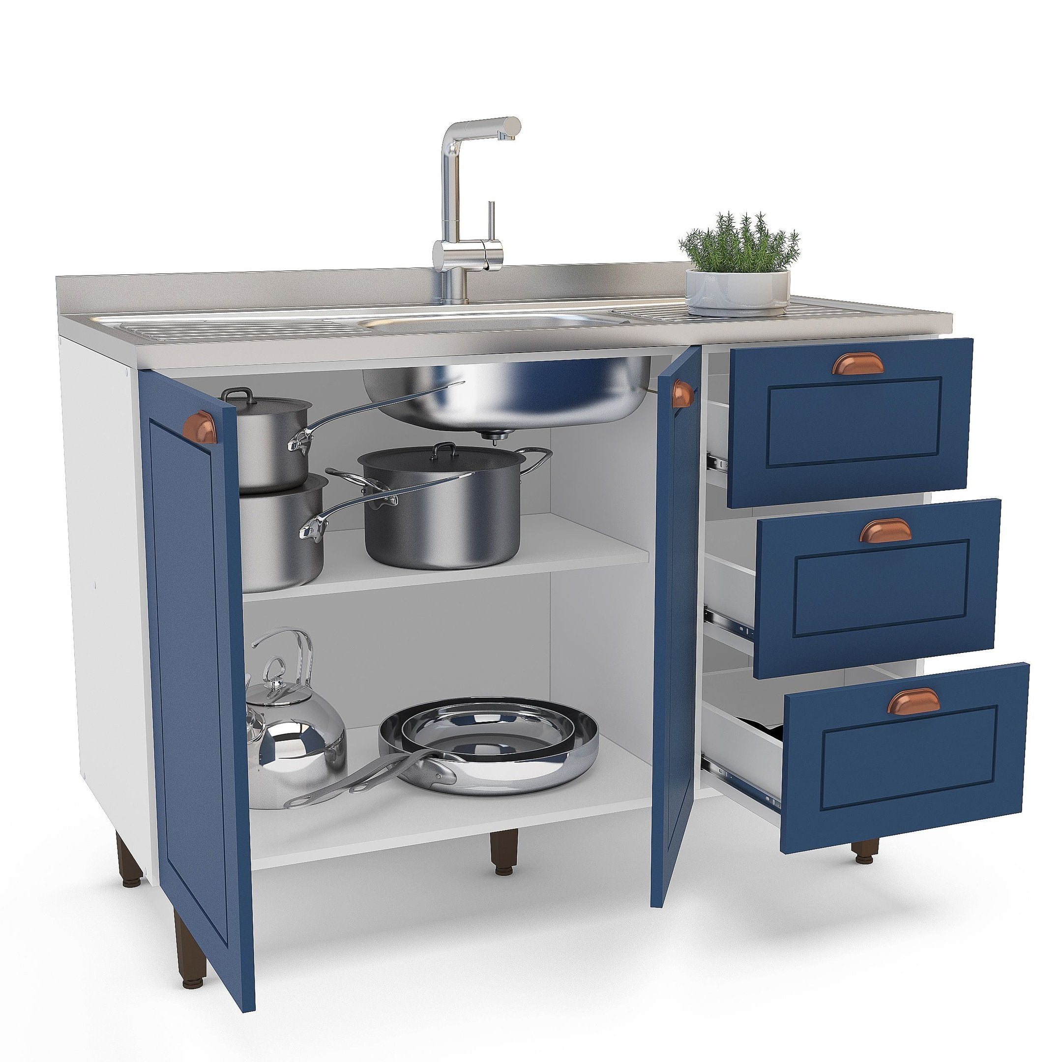 Balcão de Cozinha 2 Portas 3 Gavetas 120cm Pérola Yescasa Branco/Azul
