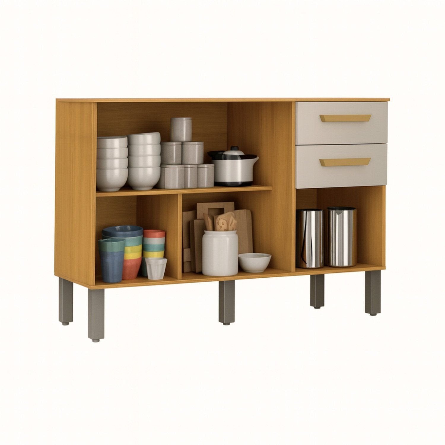 Balcão de Cozinha 3 Portas 2 Gavetas Adele CHF Bege/Cinamomo/Off White Acetinado