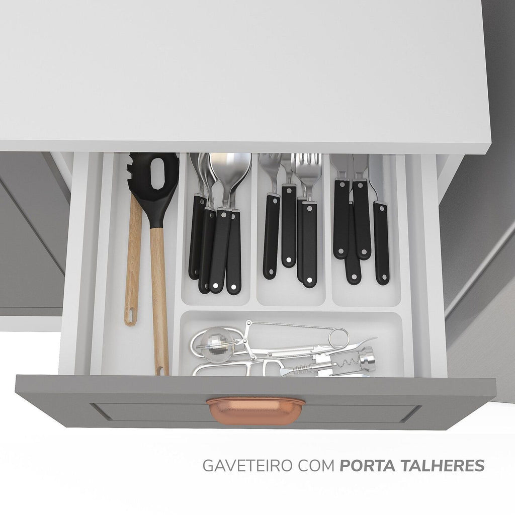 Cozinha Completa Pérola Yescasa 5 Peças Torre Quente Aéreo 3 Portas Balcão 2 Gavetas Basculante Cinza/Branco 270,2x219,4x52cm