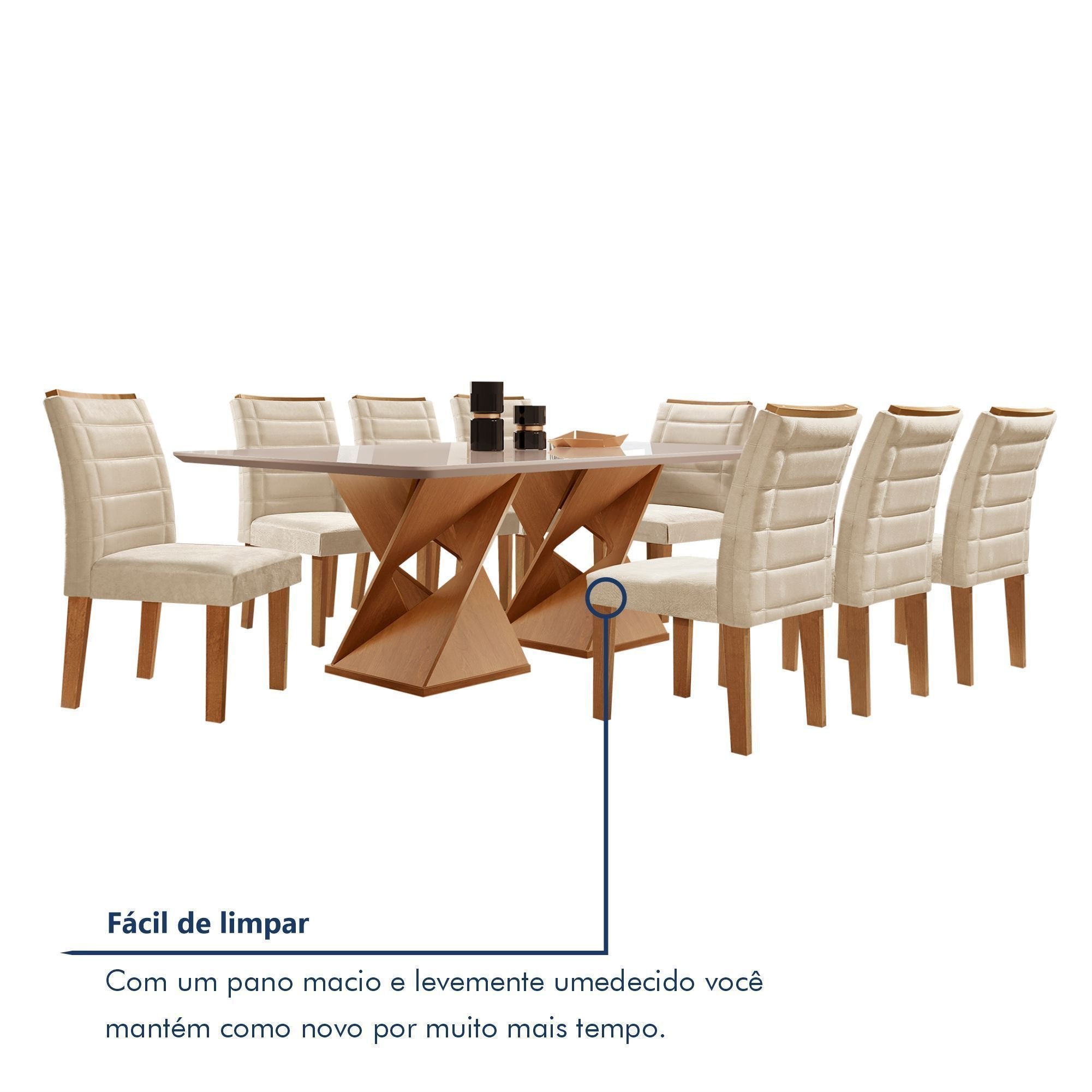 Conjunto Sala de Jantar Mesa Retangular Tampo Vidro/MDF com 8 Cadeiras Genova Smart Plus Cel Móveis