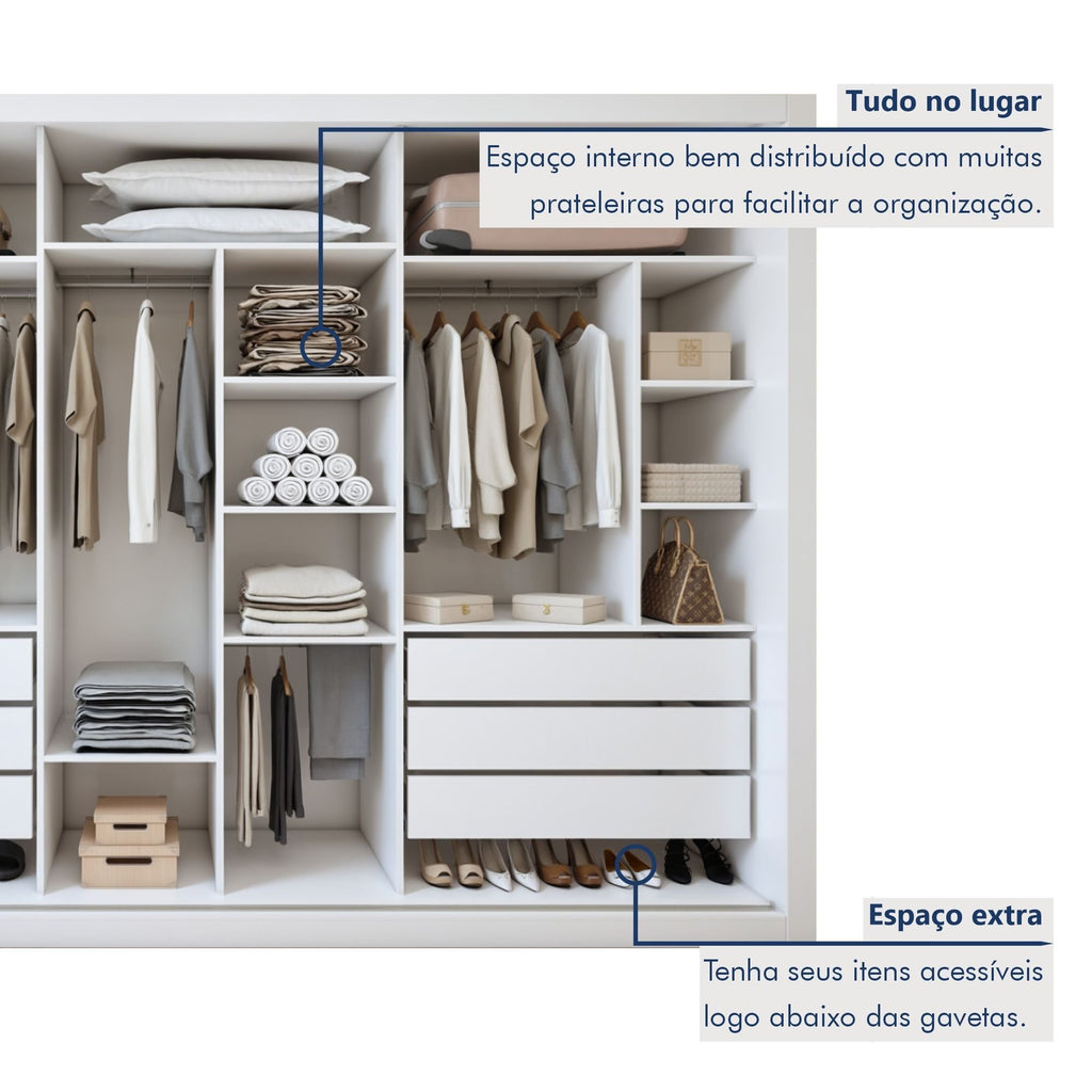 Guarda-Roupa Casal 3 Portas de Correr 6 Gavetas Premium Liv Yescasa MDP Branco