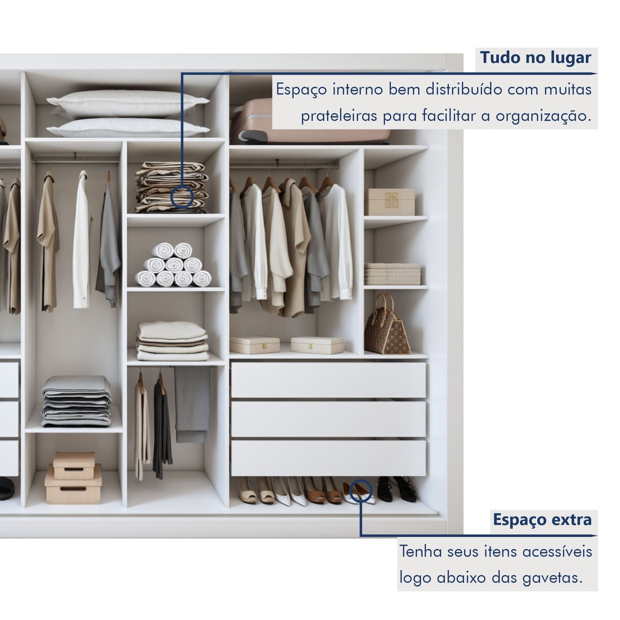 Guarda-Roupa Casal 3 Portas de Correr 6 Gavetas Premium Liv Yescasa MDP Branco