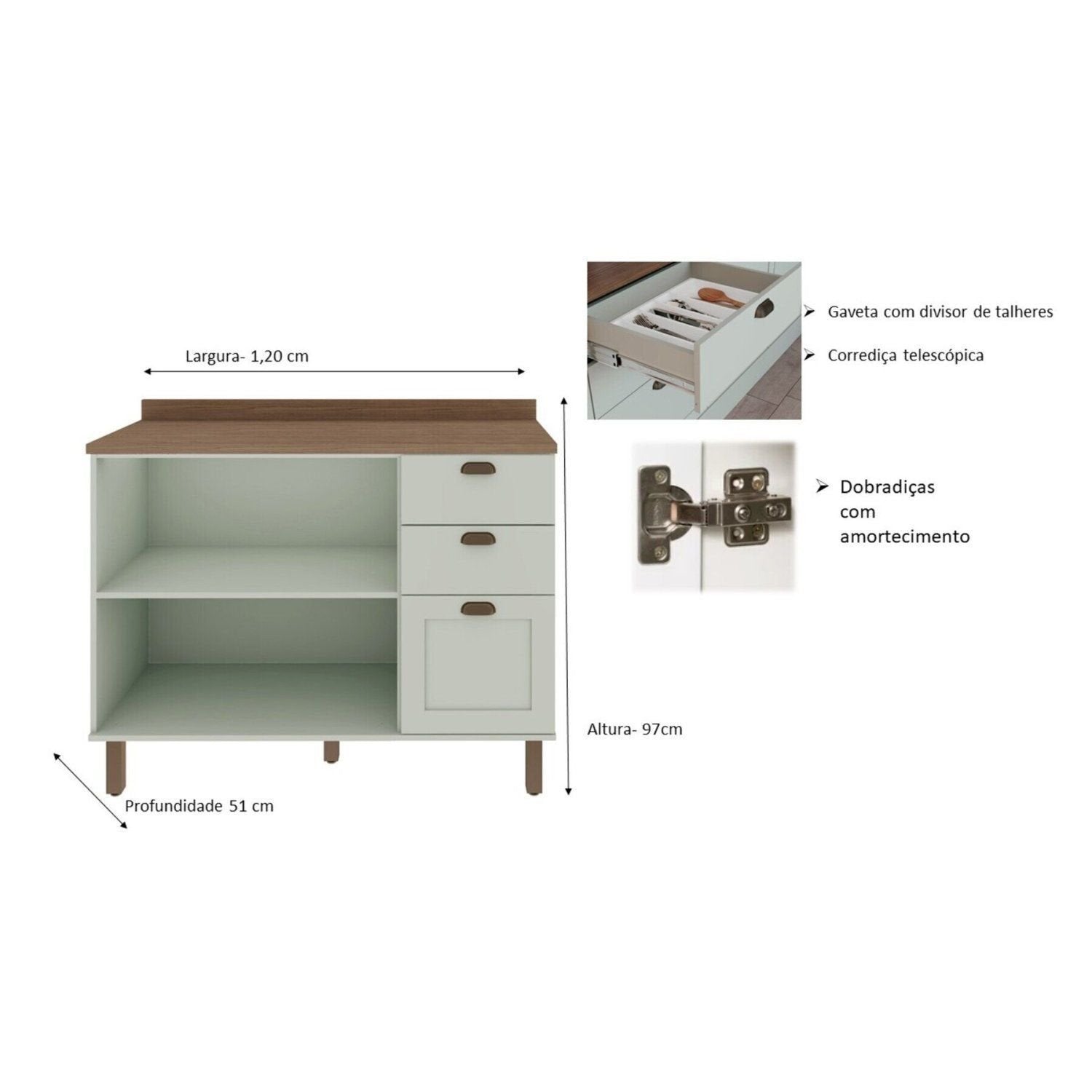Balcão para Cozinha 2 Portas 3 Gavetas Provençal com Tampo Iluminata Genialflex Verde/Mint/Ébano Fosco