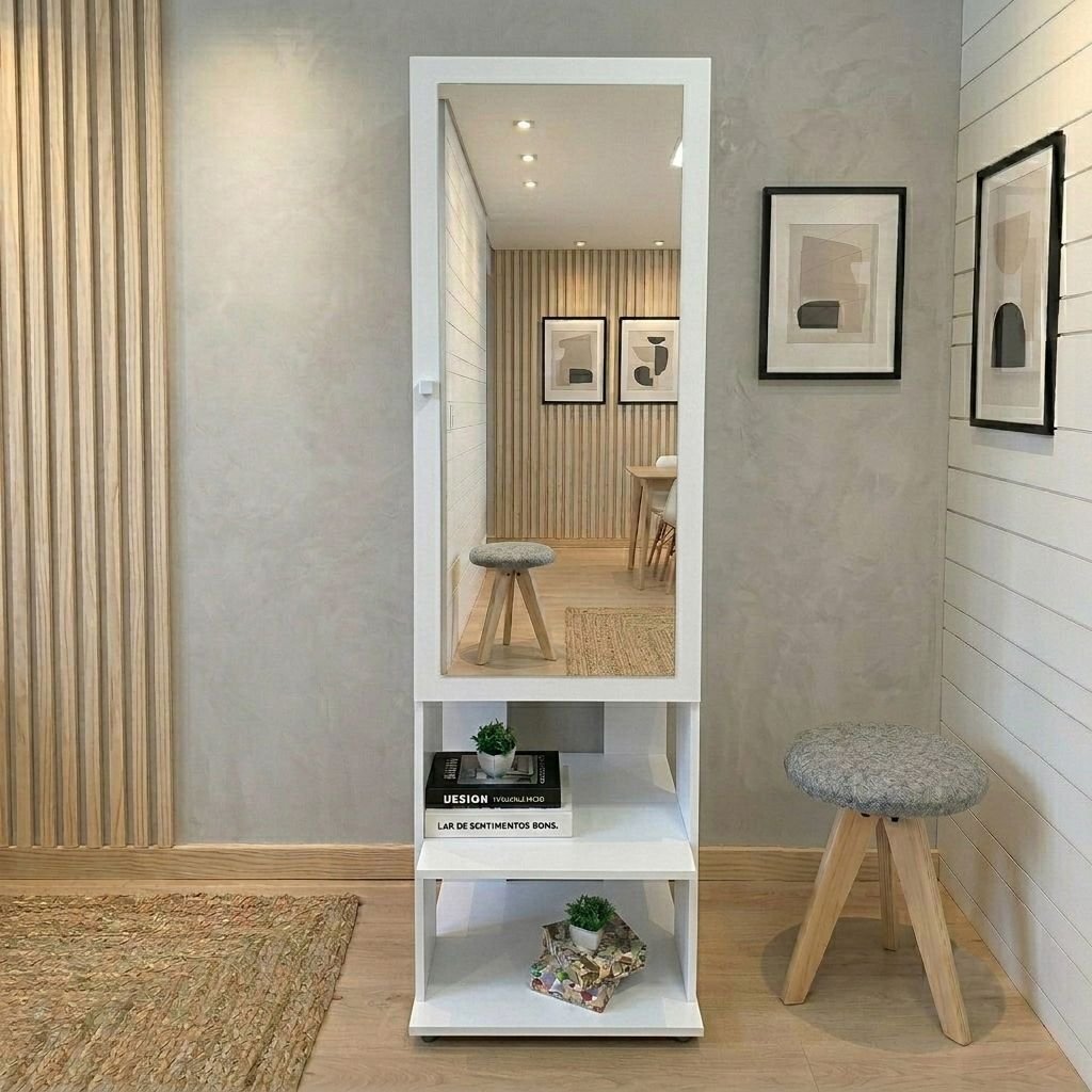 Espelho de Chão Grande Retangular 175x49cm 2 Prateleiras Porta Acessórios Retrô PE2024 Tecno Mobili Branco