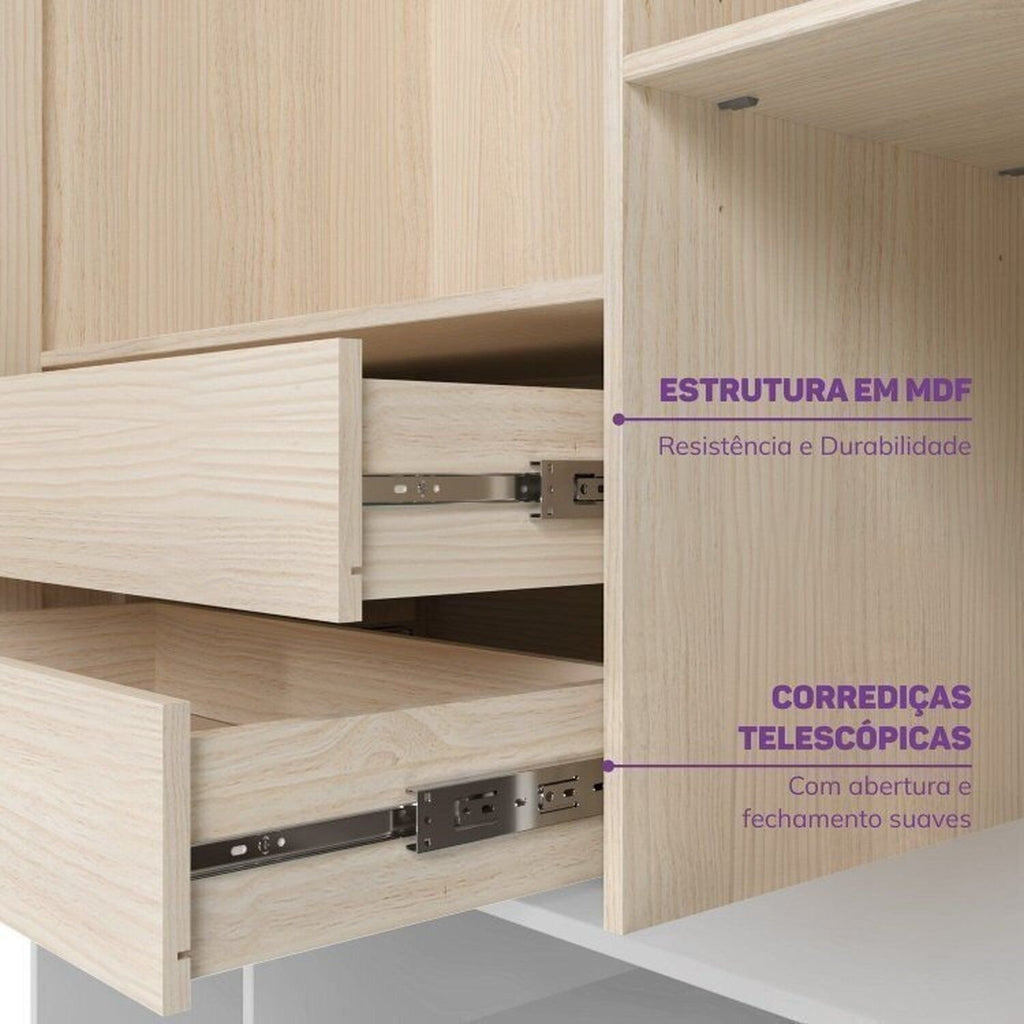 Conjunto com Cama Solteiro Giulia Rattan e Guarda Roupa Curió Casatema MadeiraOriginals Branco/Marrom