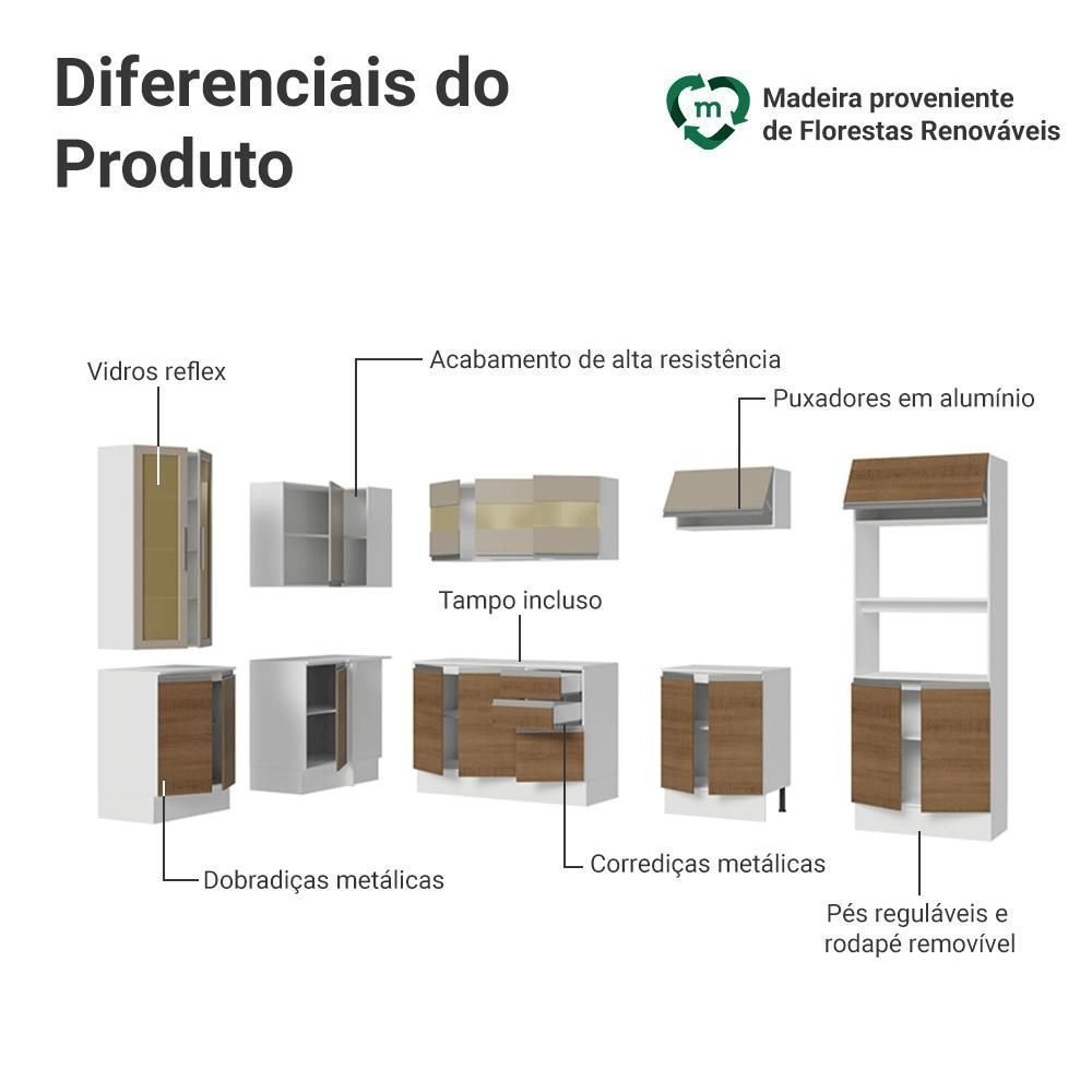 Armário de Cozinha Completo de Canto 100% MDF 447cm Smart Madesa Branco/Rustic/Crema