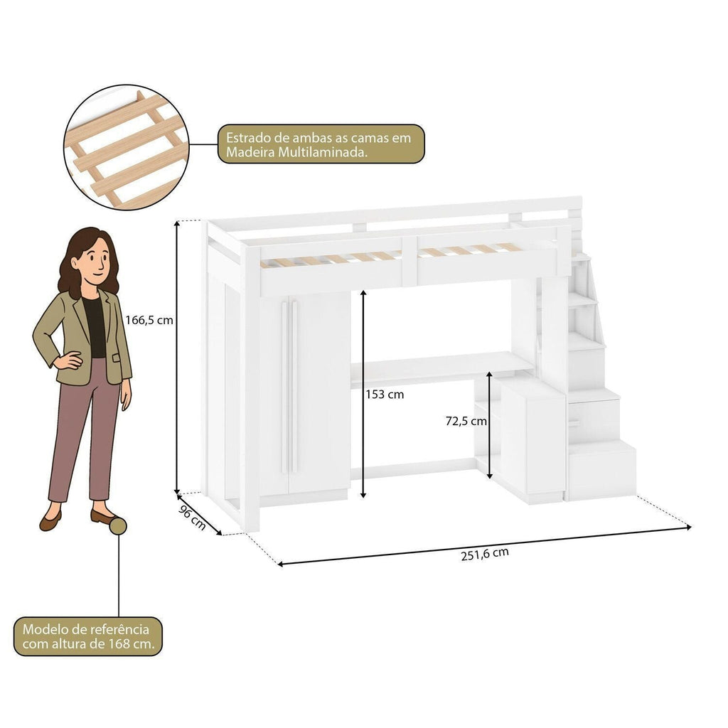 Cama Alta Beliche Office Infantil com Roupeiro e Escrivaninha Moon Yescasa Branco