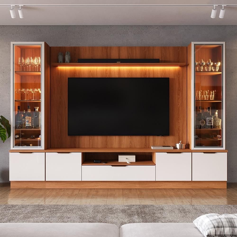 Estante Home Noble 270cm para TV Até 75 Polegadas com 2 Cristaleiras, Portas Reflecta e LED