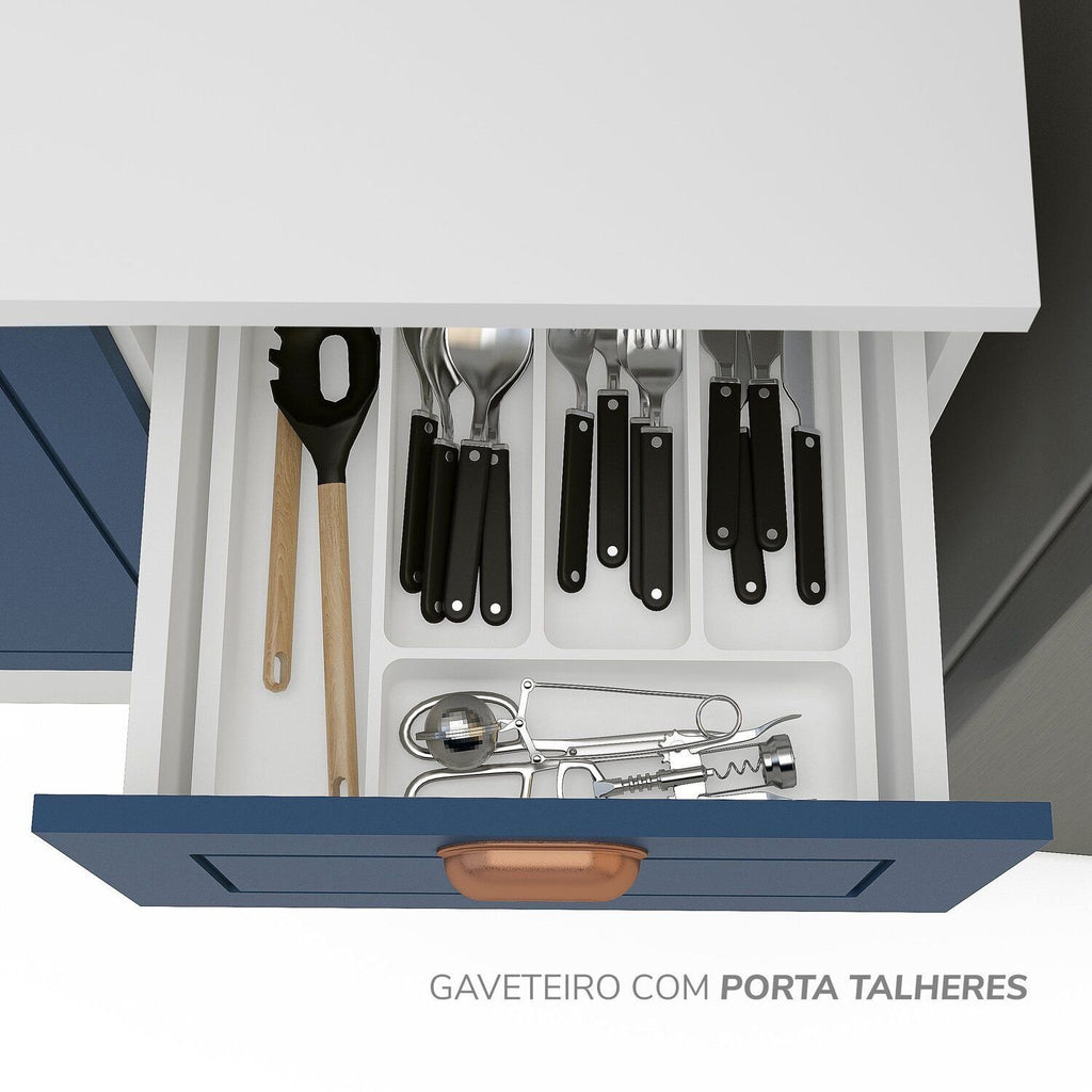 Cozinha Pérola Completa Torre Quente Aéreo 3 Portas Basculante Balcão 120 e 80 Yescasa Azul/Branco 270,2x219,4x52cm