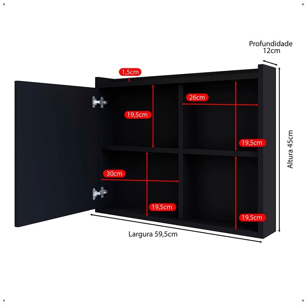 Espelheira para Banheiro Suspensa Luxo DESAN 1 Porta com Prateleira 60cm Preto