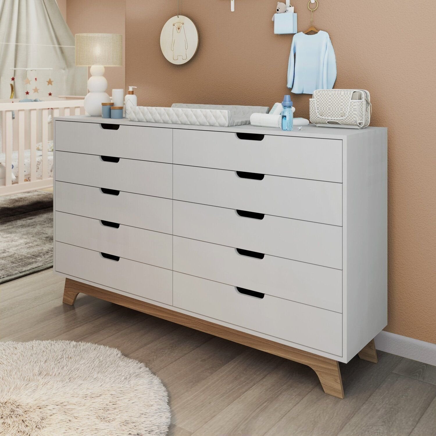 Cômoda Infantil 10 Gavetas 100% MDF Alice FD Branco/Freijó