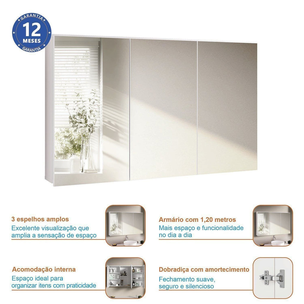 Armário Espelheira para Banheiro Cancún Móveis Bosi 120cm 3 Portas Branco