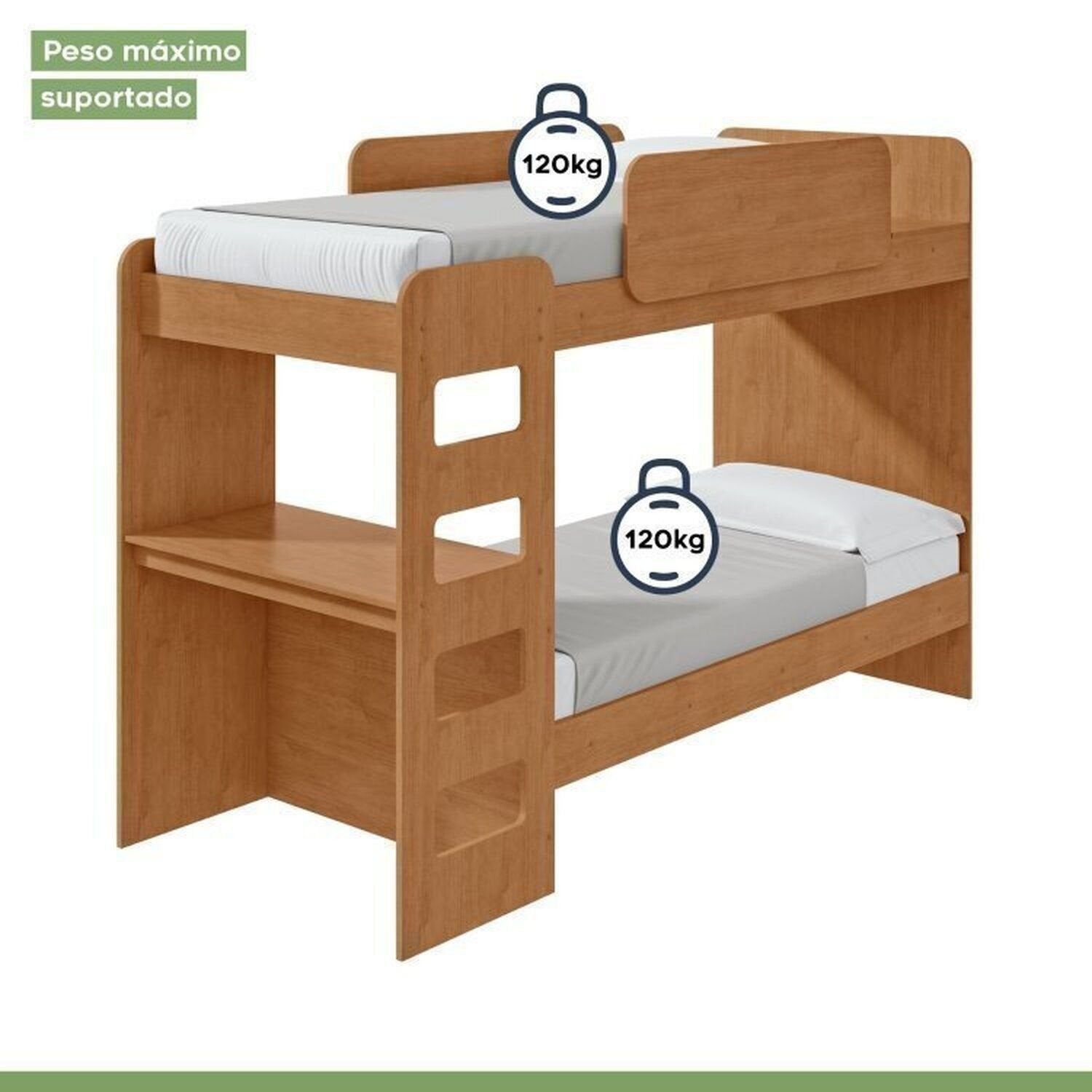 Conjunto Quarto Infantil com Beliche Escrivaninha Cômoda e Guarda-Roupa Móveis Lopas Marrom Amêndoa Clean