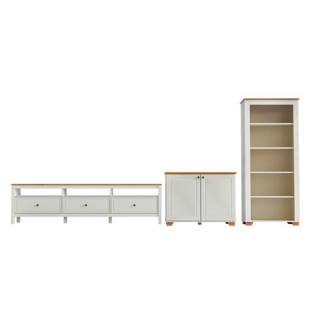 Conjunto Sala Ananda Rack, Estante e Armário Madeira Maciça Off White/Mel CabeCasa MadeiraMadeira
