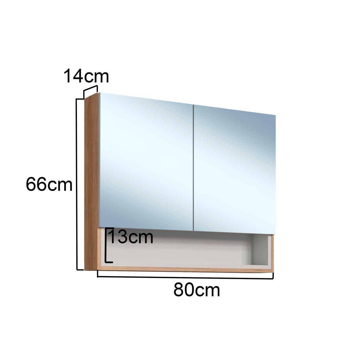 Armário Espelheira para Banheiro Helena Faema 2 Portas 1 Nicho 80cm Mel/Arenas