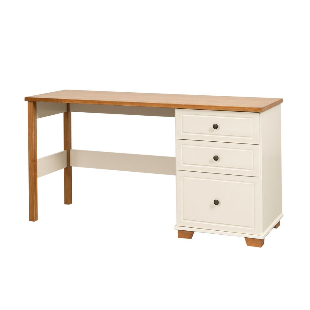 Escrivaninha Mesa Escritório Pinus Ananda 3 Gavetas 150cm CabeCasa MadeiraOriginals Off-White e Mel Marrom