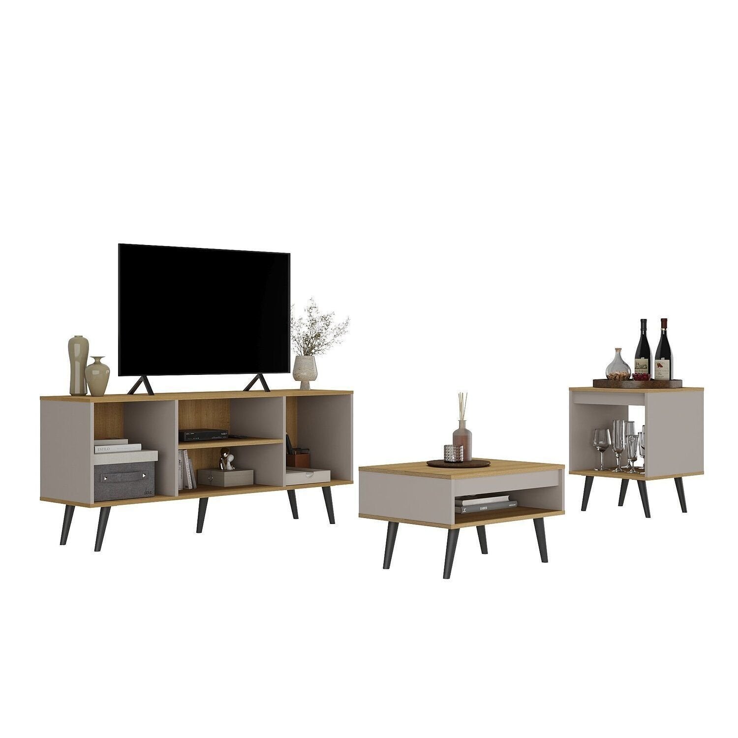 Conjunto Sala de Estar 3 Peças Rack para TV Centro e Mesa de Apoio Tóquio Ozini
