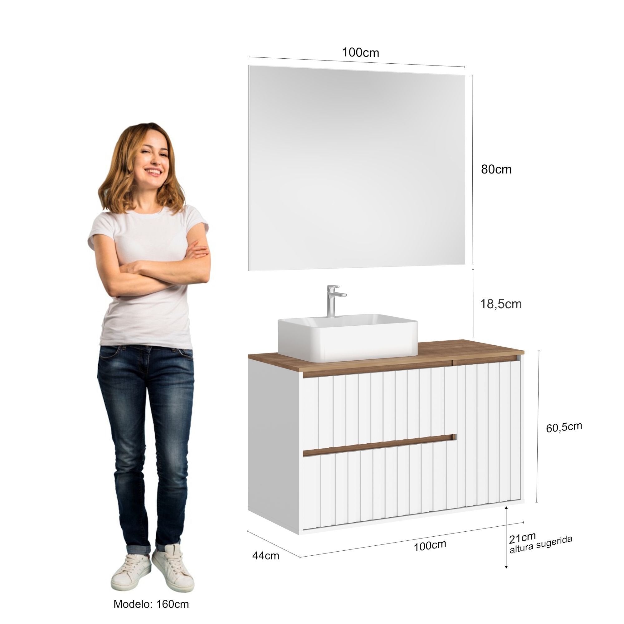 Conjunto para Banheiro Gabinete Suspenso com Cuba e Espelheira Toronto Yescasa 100cm Branco/Carvalho
