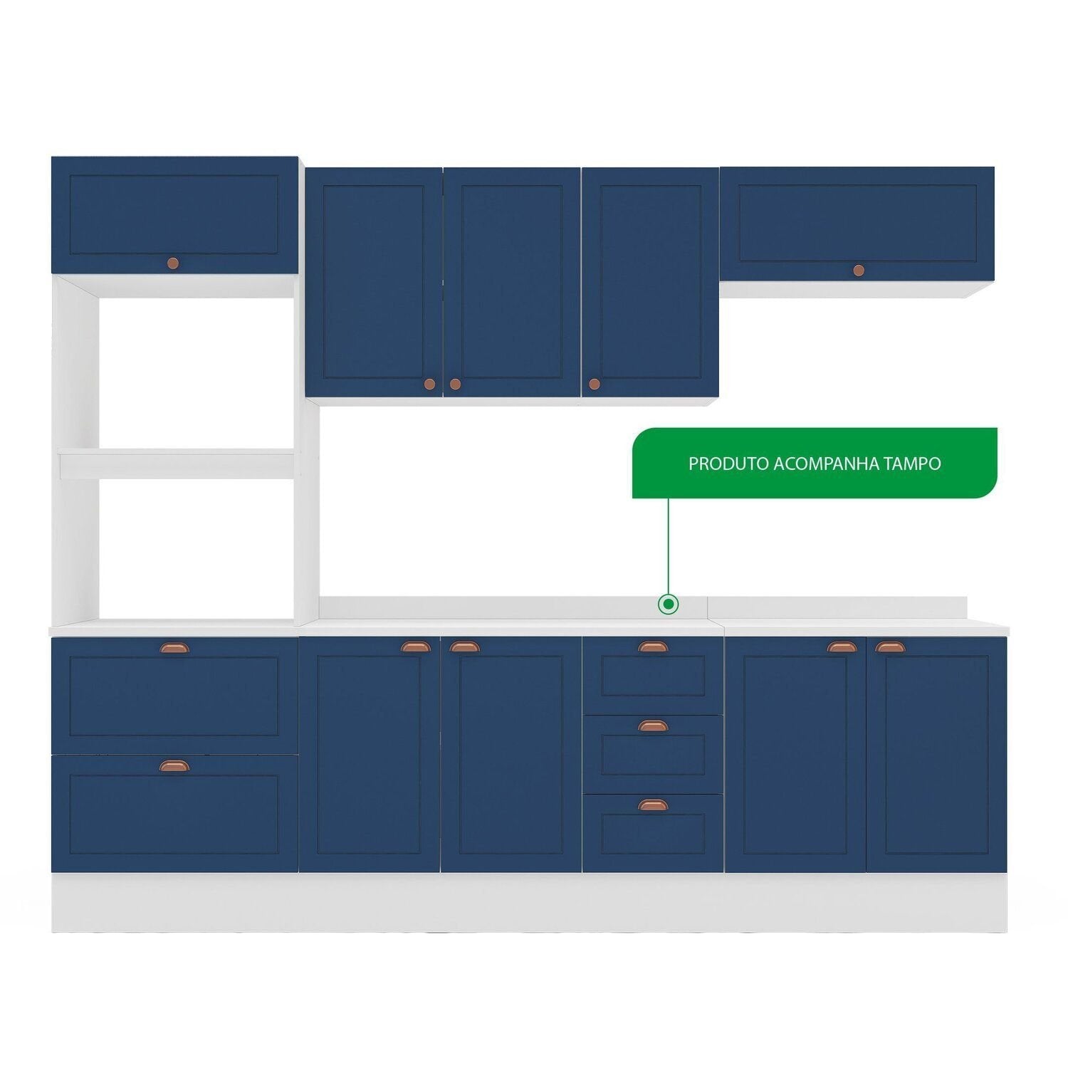Cozinha Pérola Completa Torre Quente Aéreo 3 Portas Basculante Balcão 120 e 80 Yescasa Azul/Branco 270,2x219,4x52cm
