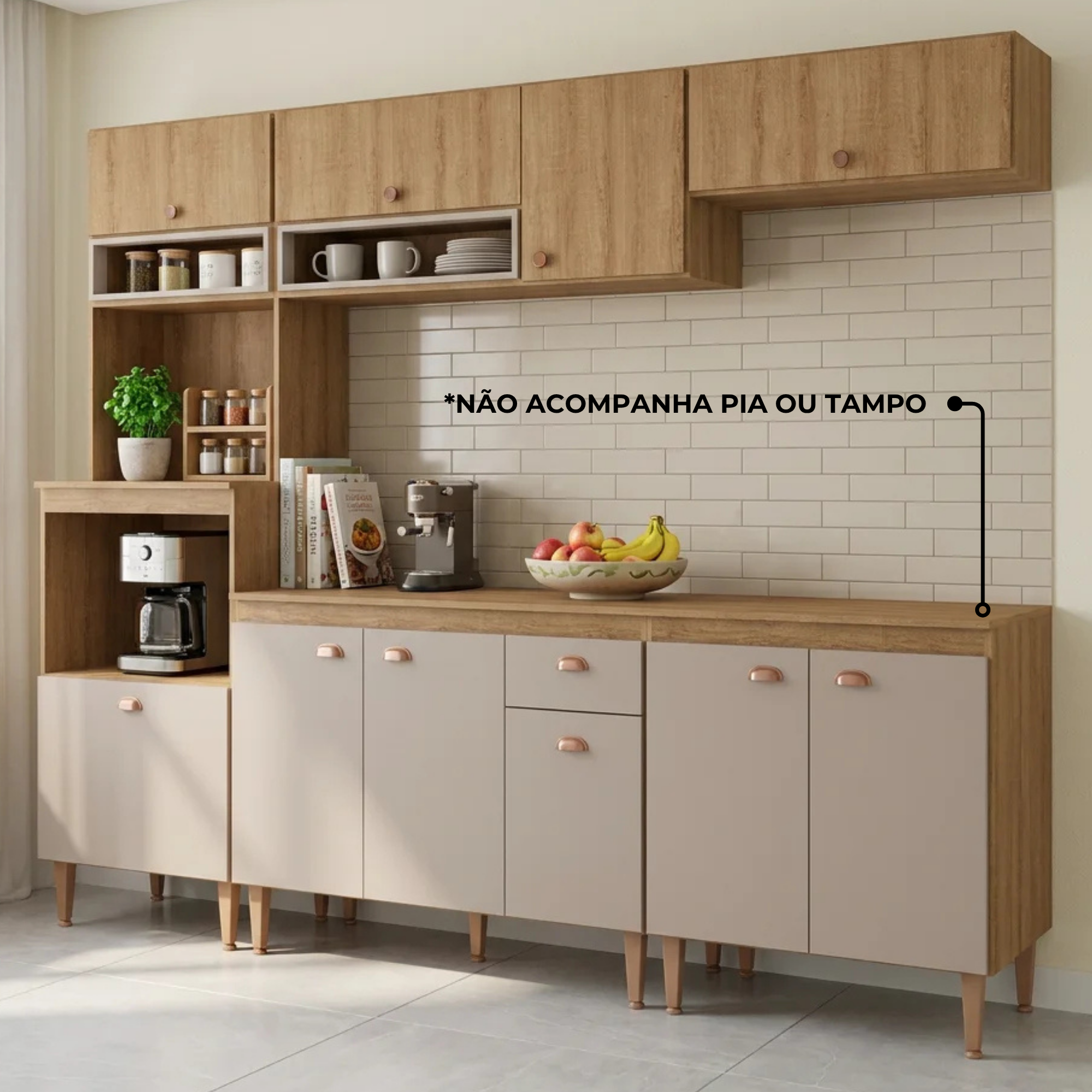 Cozinha Completa Modulada Marti Yescasa 5 Peças Torre Quente Balcão Pia Aéreo Mel/Fendi Cinza