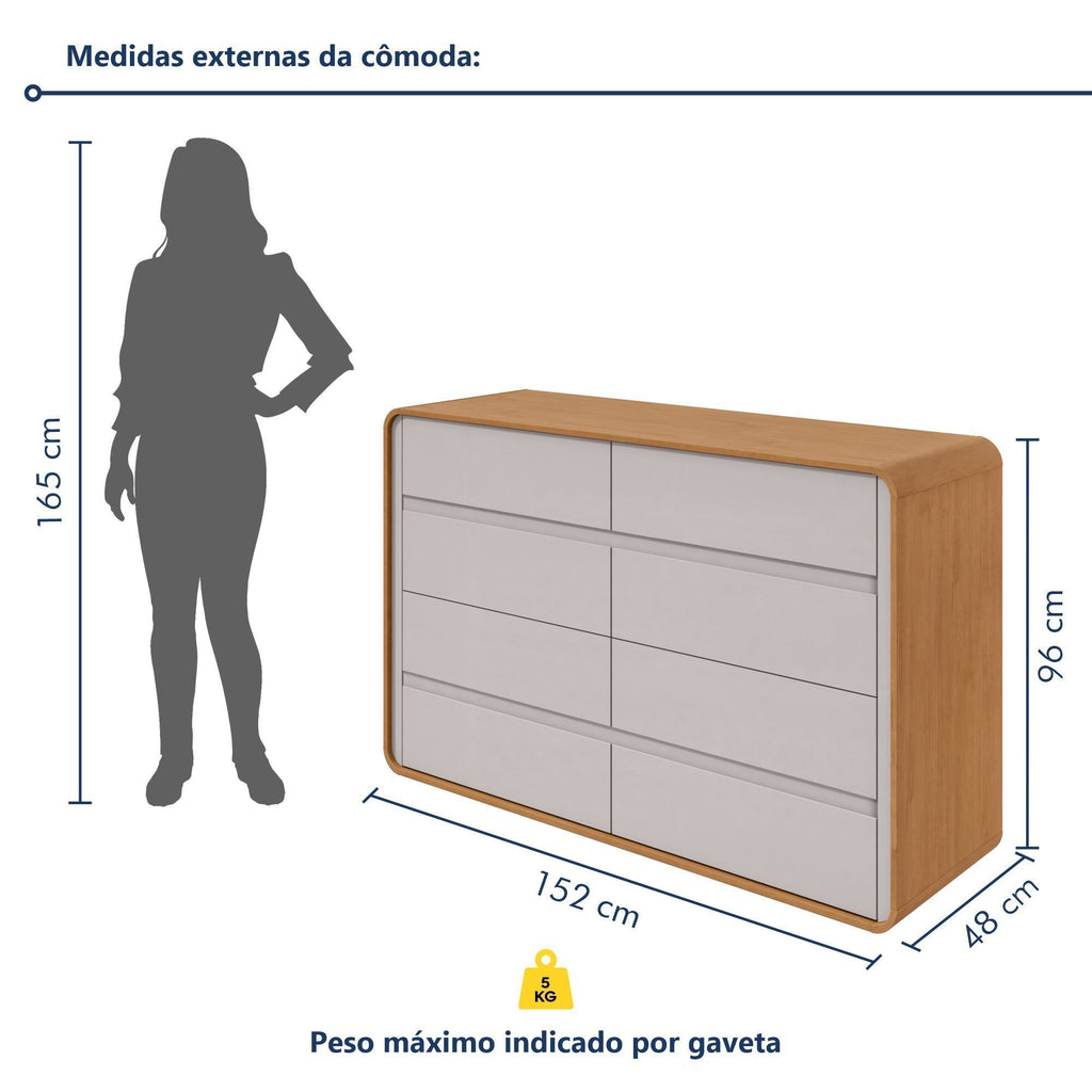Cômoda para Quarto 8 Gavetas Puxador Embutido Loop 152cm Bege Amêndoa Clean/Off White