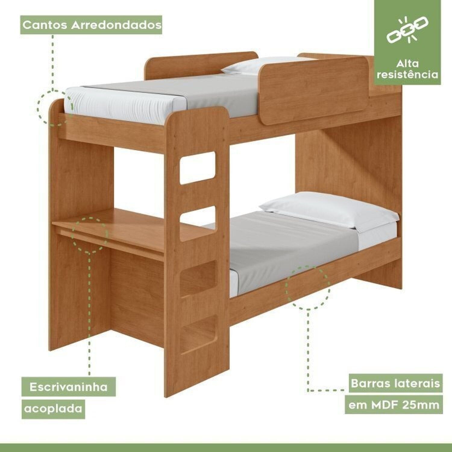 Kit Quarto Infantil 4 Peças com Beliche Olga Cômoda e Mesa de Cabeceira Baião Marrom Amêndoa Clean Móveis Lopas